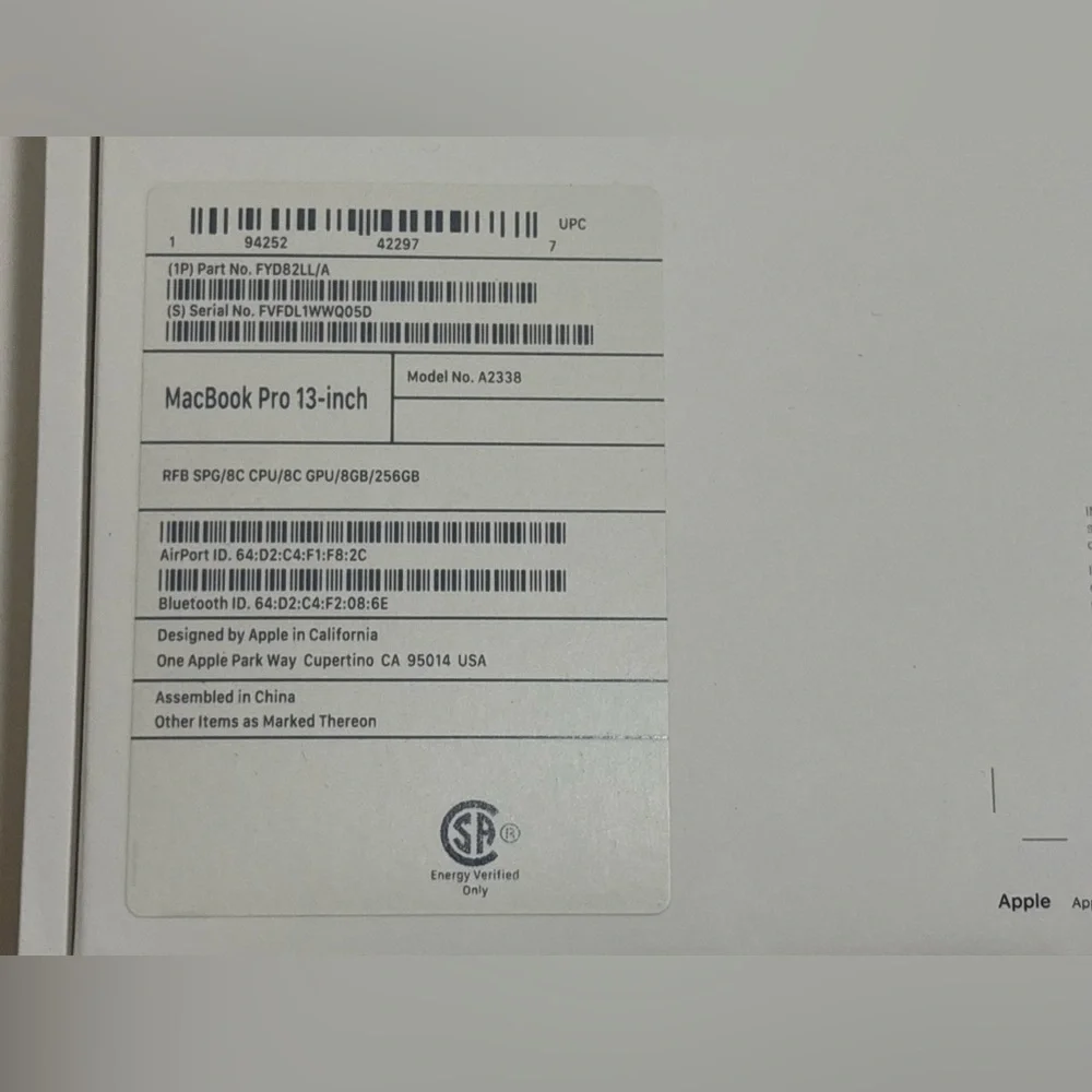 Apple MacBook Pro 13 inch Laptop box EMPTY A2338